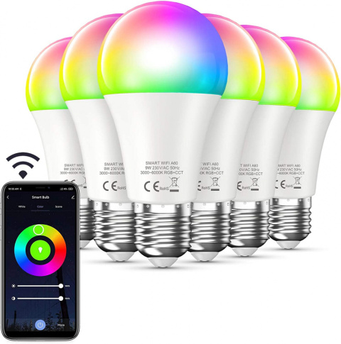 6x Żarówka LED E27 9W TUYA SMART LIFE 800LM Alexa RGB KOLOROWA