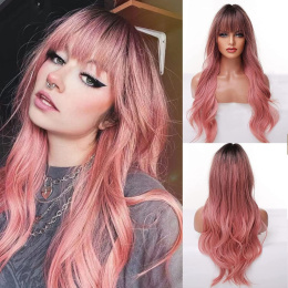Peruka długie włosy damska syntetyczna 65cm różowe ombre falowane