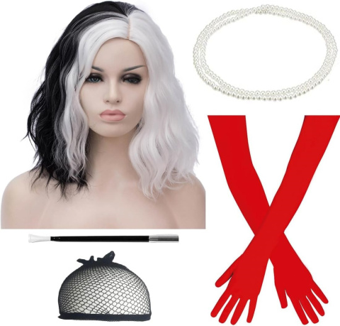 Peruka włosy czarno biała cosplay halloween Cruella 30cm zestaw