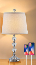 Kryształowa lampa lampka nocna 60W 2 porty USB srebrna do salonu abażur