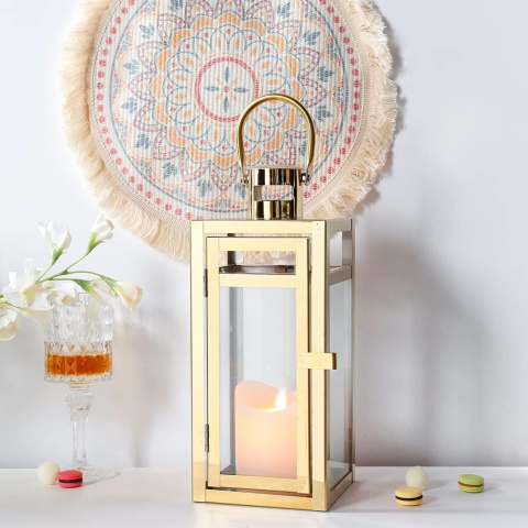 złoty lampion metalowa szklana latarnia latarenka na świeczkę 37 cm złoty lampion metalowa szklana latarnia latarenka na świeczkę 37 cm