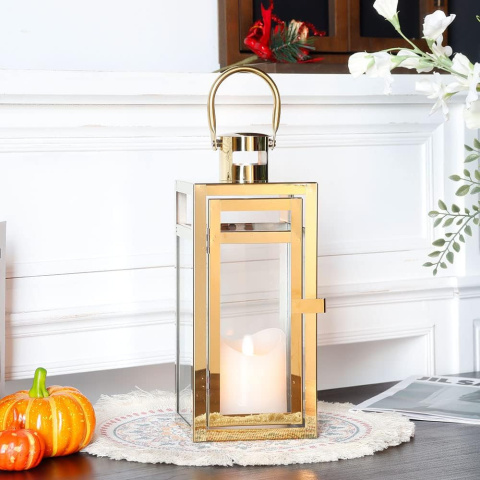złoty lampion metalowa szklana latarnia latarenka na świeczkę 37 cm złoty lampion metalowa szklana latarnia latarenka na świeczkę 37 cm