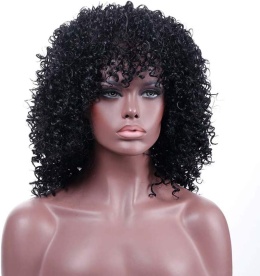 Puszyste Faliste kręcone Brazylijskie Włosy Peruka z Grzywką Czarny Afro