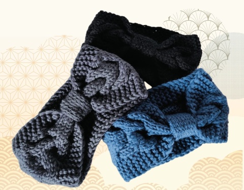 Damska zimowa ciepła szydełkowa opaska na głowę uszy ZESTAW splot skręcany