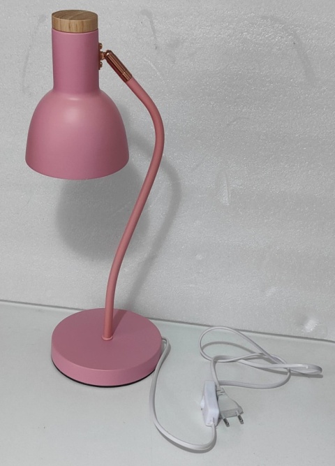 różowa lampka biurkowa regulowany klosz metal drewno