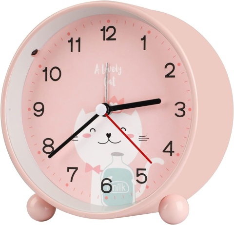 Budzik dziecięcy Edillas zegarek kotek bezszmerowy analogowy podświetlenie