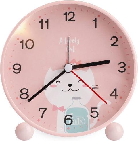 Budzik dziecięcy Edillas zegarek kotek bezszmerowy analogowy podświetlenie