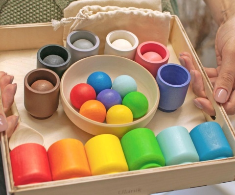 Drewniana zabawka Ulanik Montessori Tęcza kulki w kubkach Balls in Cups