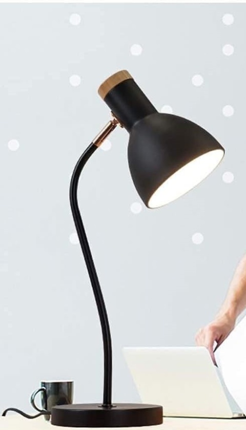 czarna lampka biurkowa regulowany klosz metal drewno