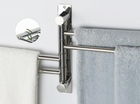 Obrotowy wieszak na ręczniki 4-ramienny 180° stal nierdzewna 304 z haczykami chrom 35cm