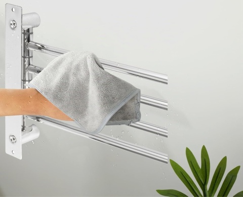 Obrotowy wieszak na ręczniki 4-ramienny 180° stal nierdzewna 304 z haczykami chrom 35cm