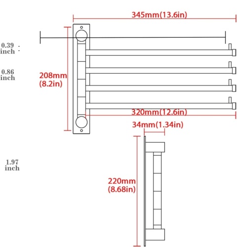 Obrotowy wieszak na ręczniki 4-ramienny 180° stal nierdzewna 304 z haczykami chrom 35cm