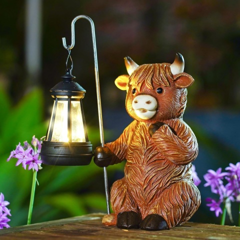 GOODECO Figurka Solarna Krowa Highland z Lampionem ozdoba ogrodowa