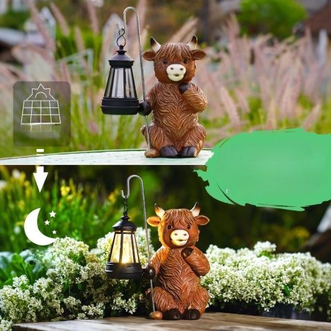 GOODECO Figurka Solarna Krowa Highland z Lampionem ozdoba ogrodowa