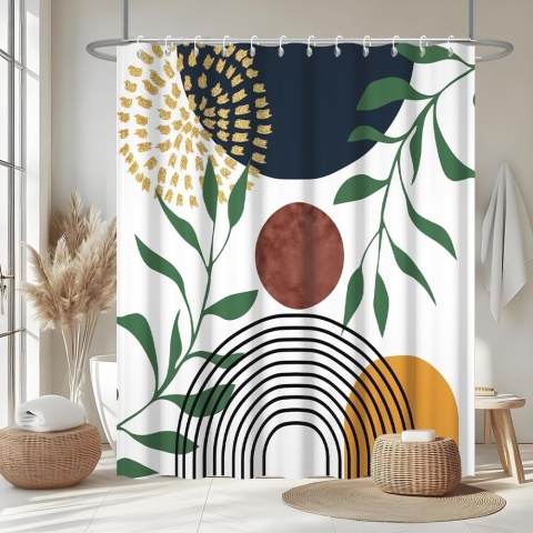 Zasłona prysznicowa 240 x 180cm boho mid-century modern zielone liście ABSTRAKCJA