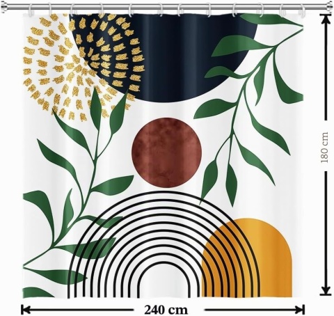 Zasłona prysznicowa 240 x 180cm boho mid-century modern zielone liście ABSTRAKCJA