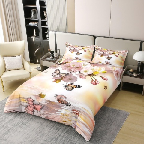 pościel Premium 3D 155x220 Bawełna 100% Kwiaty sakury Motyle poszwa powłoczka