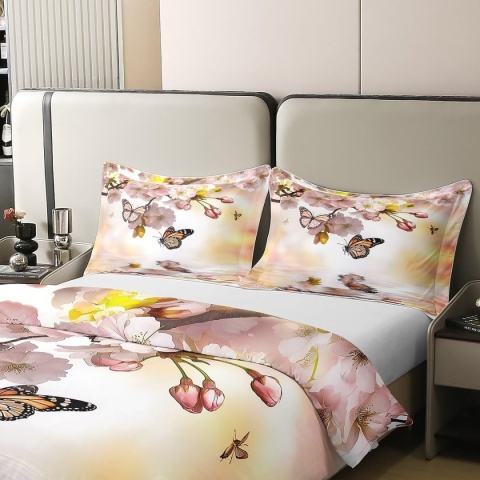 pościel Premium 3D 155x220 Bawełna 100% Kwiaty sakury Motyle poszwa powłoczka