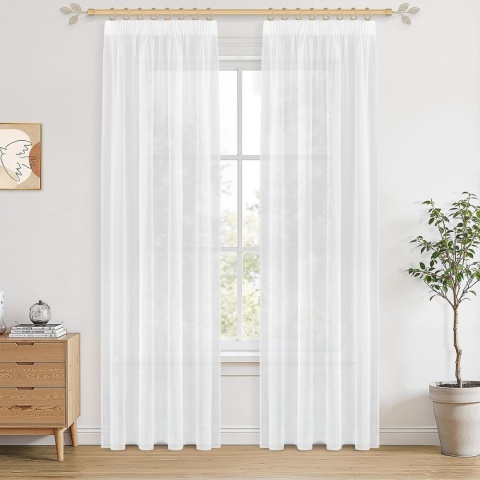 Firany woalowe zestaw 2 szt. efekt lnu taśma marszcząca 220x140cm Białe