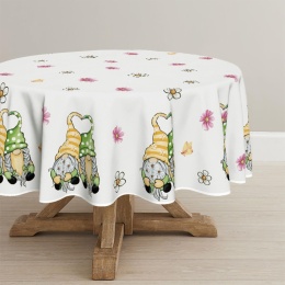 Obrus okrągły plamoodporny skrzaty gnomy kwiaty 140 cm Wielokolorowy
