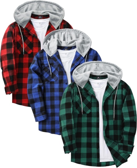 Męska koszula flanelowa z kapturem w kratę długi rękaw 3-pak 3XL