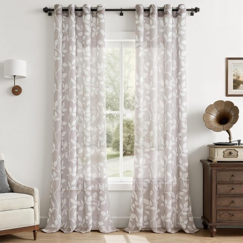 Zasłony Firany woalowe Liście szare 2szt 140x260 Kółka woal