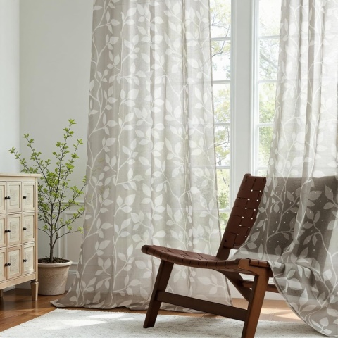 Zasłony Firany woalowe Liście szare 2szt 140x260 Kółka woal